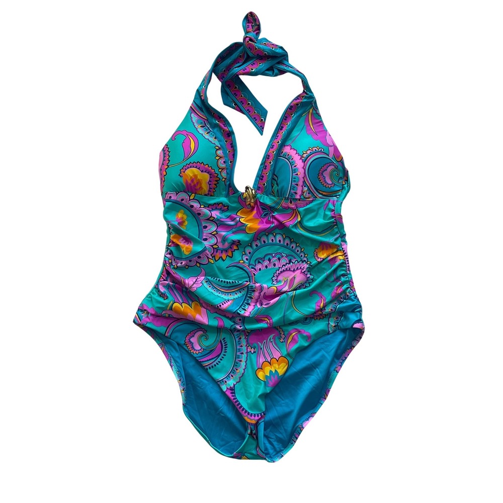 Trina Turk‎ NWOT Mykonos Halter Plunge One Piece Swimsuit Women's Size 14